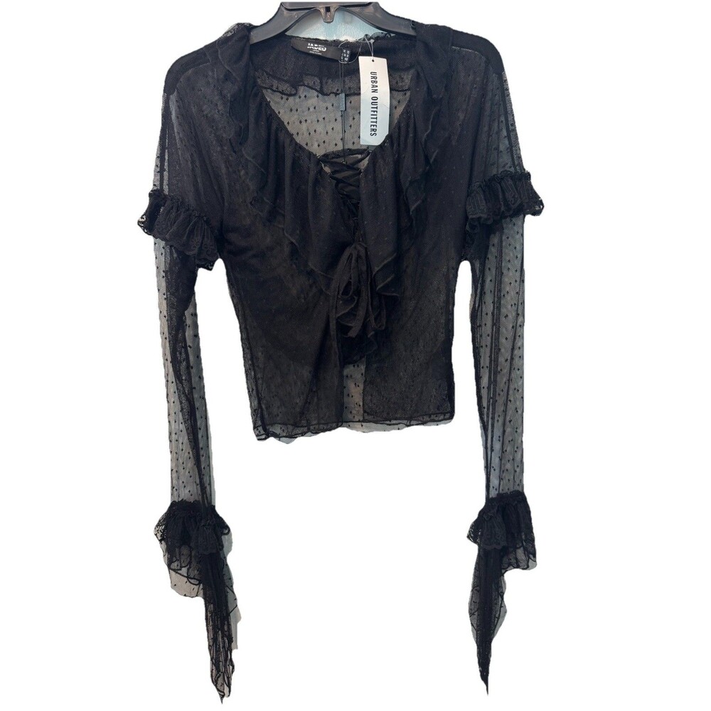 Jaded London Sheer Mesh Tie Grunge Dark Coquette Fairy Whimsigoth Ruffle Top - Picture 10 of 13